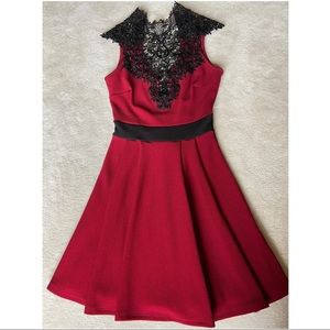 Windsor red dress with black lace neck detail